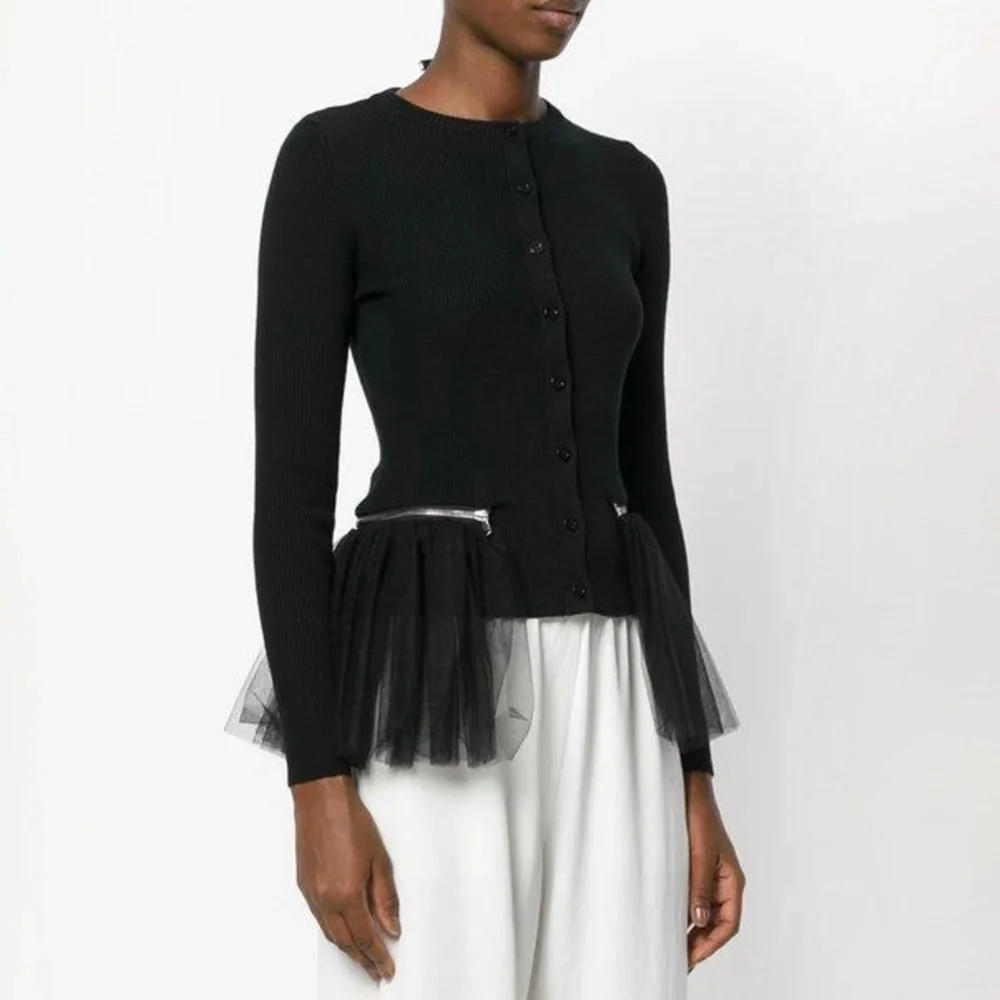 Moschino Couture Black Cardigan Sweater Jacket with Detachable Mesh Ruffled Hem
